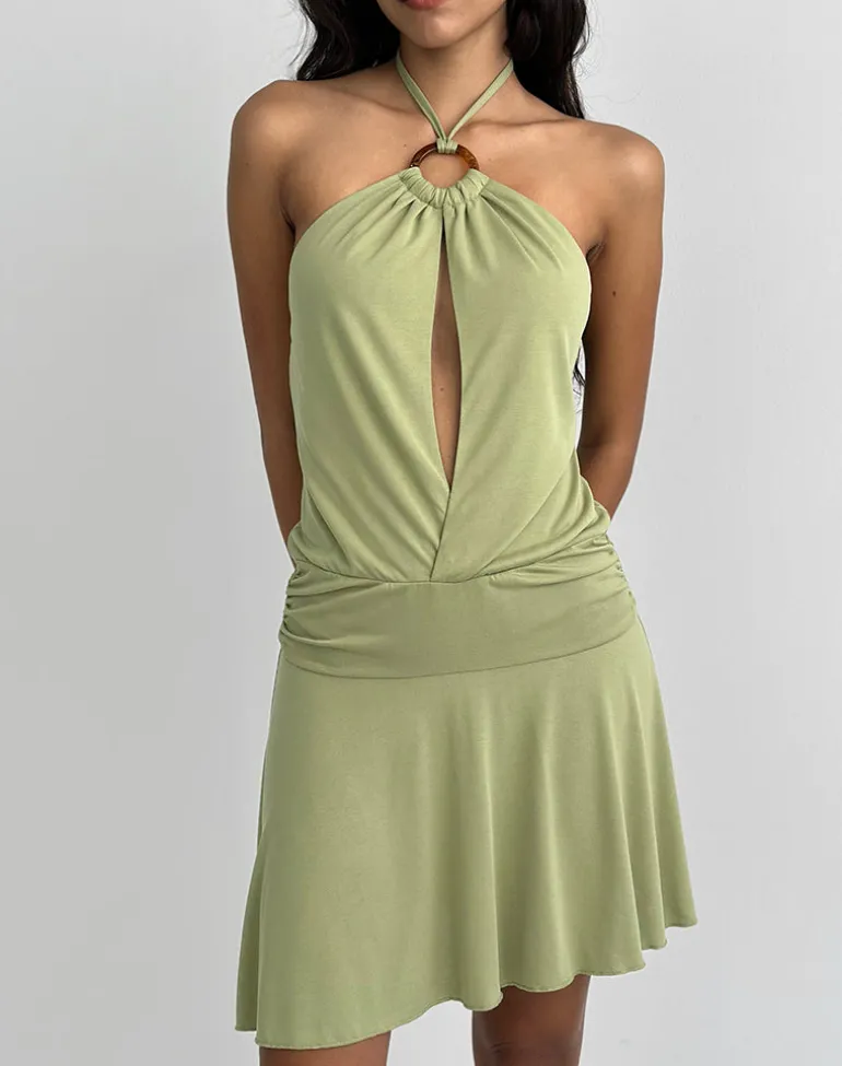 Saira Halter Neck Mini Dress in Sage