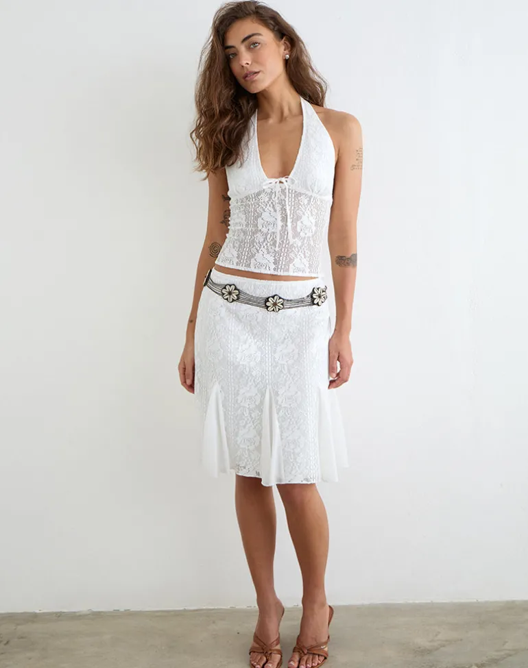 Saiwa Midi Skirt in Floral Lace White
