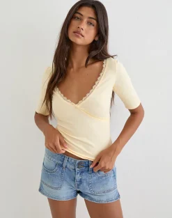Sajiwa V Neck Top in Buttermilk with Lace Trim