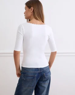 Sajiwa V Neck Top in White with Lace Trim