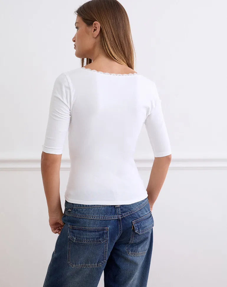 Sajiwa V Neck Top in White with Lace Trim