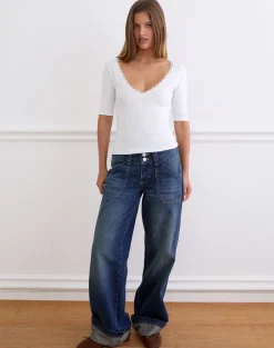 Sajiwa V Neck Top in White with Lace Trim