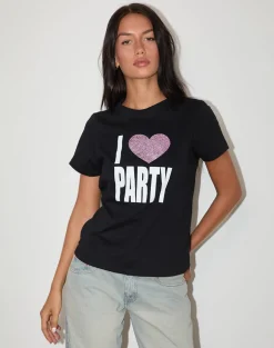 Saki Tee in Black I Love Party Print