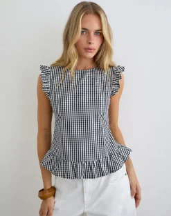 Salome Peplum Top in Mini Gingham Grey