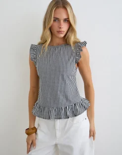 Salome Peplum Top in Mini Gingham Grey