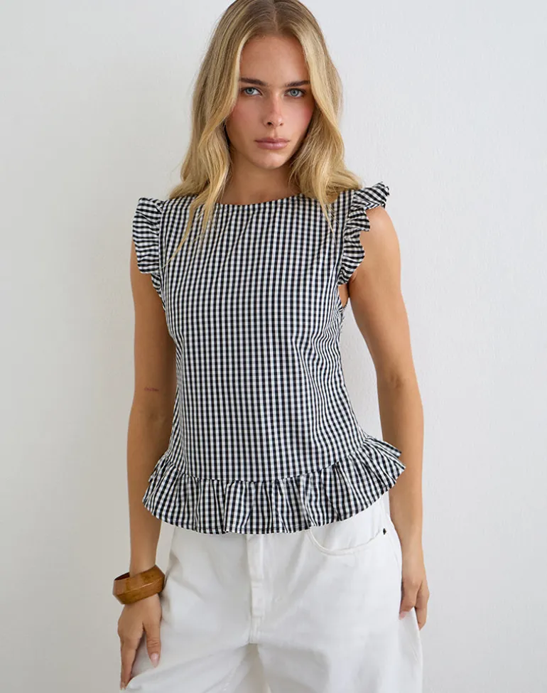 Salome Peplum Top in Mini Gingham Grey