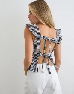 Salome Peplum Top in Mini Gingham Grey