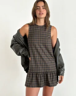 Samana Babydoll Mini Dress in Check Dark Brown