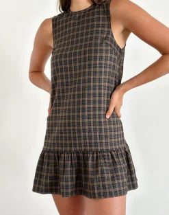 Samana Babydoll Mini Dress in Check Dark Brown