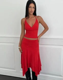 Samaria Gathered Midi Skirt in Cupro Red