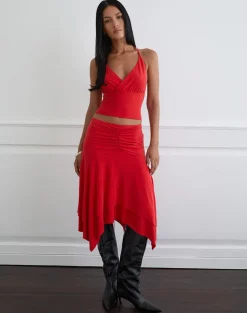Samaria Gathered Midi Skirt in Cupro Red