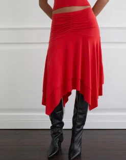 Samaria Gathered Midi Skirt in Cupro Red