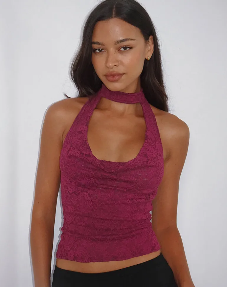Samwell Halterneck Top in Paisley Lace Burgundy