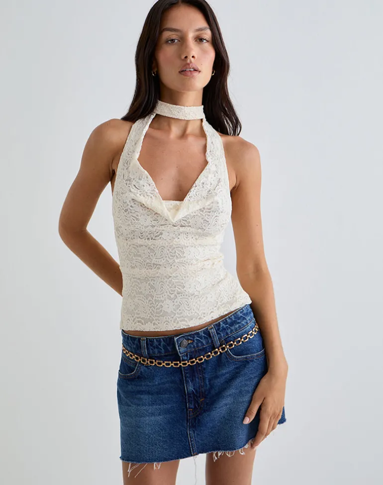 Samwell Halterneck Top in Paisley Lace Ivory