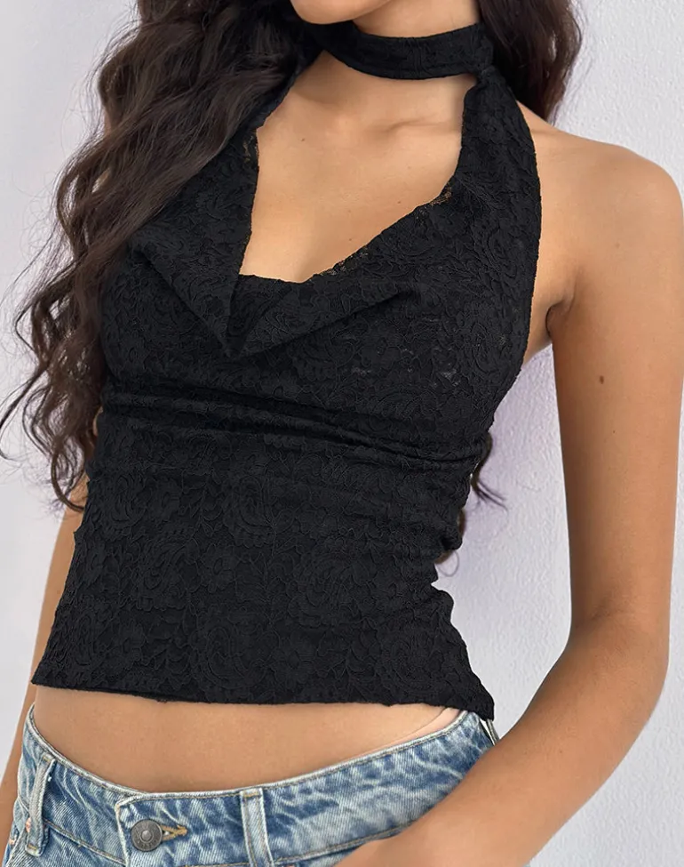 Samwell Halterneck Top in Paisley Lace Black