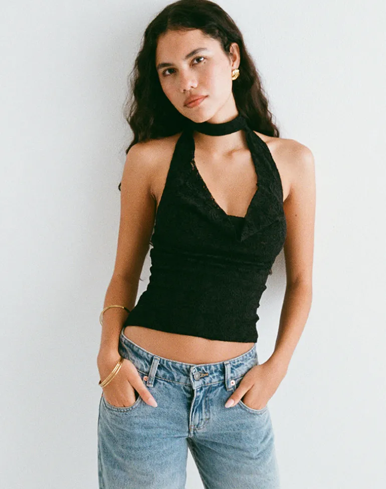 Samwell Halterneck Top in Paisley Lace Black