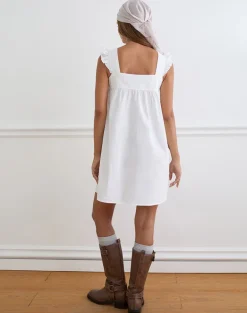 Sanaly Mini Dress in Poplin White with Cherry Blossom Embroidery