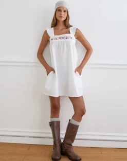 Sanaly Mini Dress in Poplin White with Cherry Blossom Embroidery