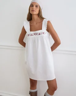 Sanaly Mini Dress in Poplin White with Cherry Blossom Embroidery