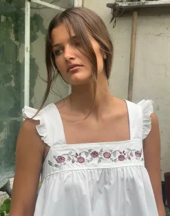 Sanaly Mini Dress in Poplin White with Cherry Blossom Embroidery