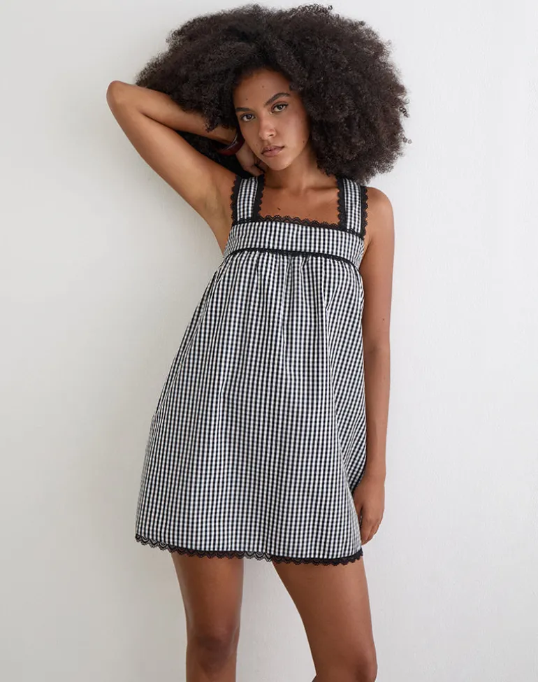 Sandat Smock Mini Dress in Mini Gingham Grey