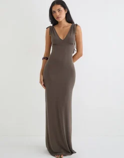 Sanyu Plunge Maxi Dress in Cupro Dark Brown