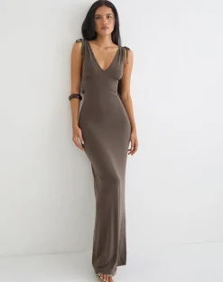 Sanyu Plunge Maxi Dress in Cupro Dark Brown