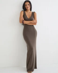 Sanyu Plunge Maxi Dress in Cupro Dark Brown