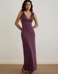 Sanyu Plunge Maxi Dress in Cupro Deep Purple