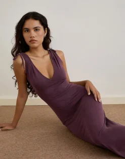 Sanyu Plunge Maxi Dress in Cupro Deep Purple