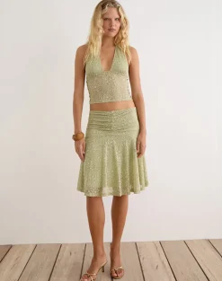 Sarahi Midi Skirt in Stretch Lace Sage with Pearl Button