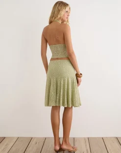 Sarahi Midi Skirt in Stretch Lace Sage with Pearl Button
