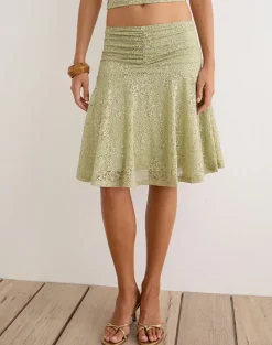 Sarahi Midi Skirt in Stretch Lace Sage with Pearl Button