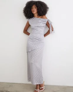 Sardian Maxi Dress in Chiffon Monochrome Silver Grey Polka