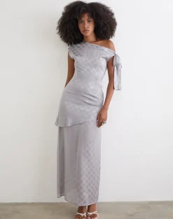 Sardian Maxi Dress in Chiffon Monochrome Silver Grey Polka