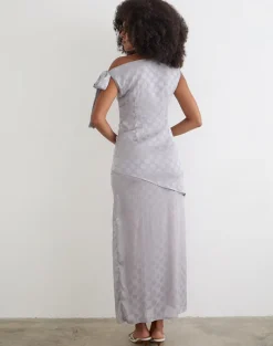 Sardian Maxi Dress in Chiffon Monochrome Silver Grey Polka