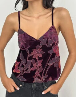 Sarinda Cami Top in Floral Devore Burgundy