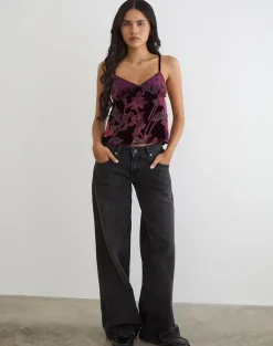 Sarinda Cami Top in Floral Devore Burgundy