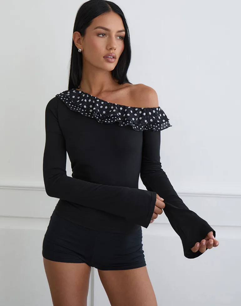 Sariya Long Sleeve Top in Cupro Black with Tiny Polka Ruffles