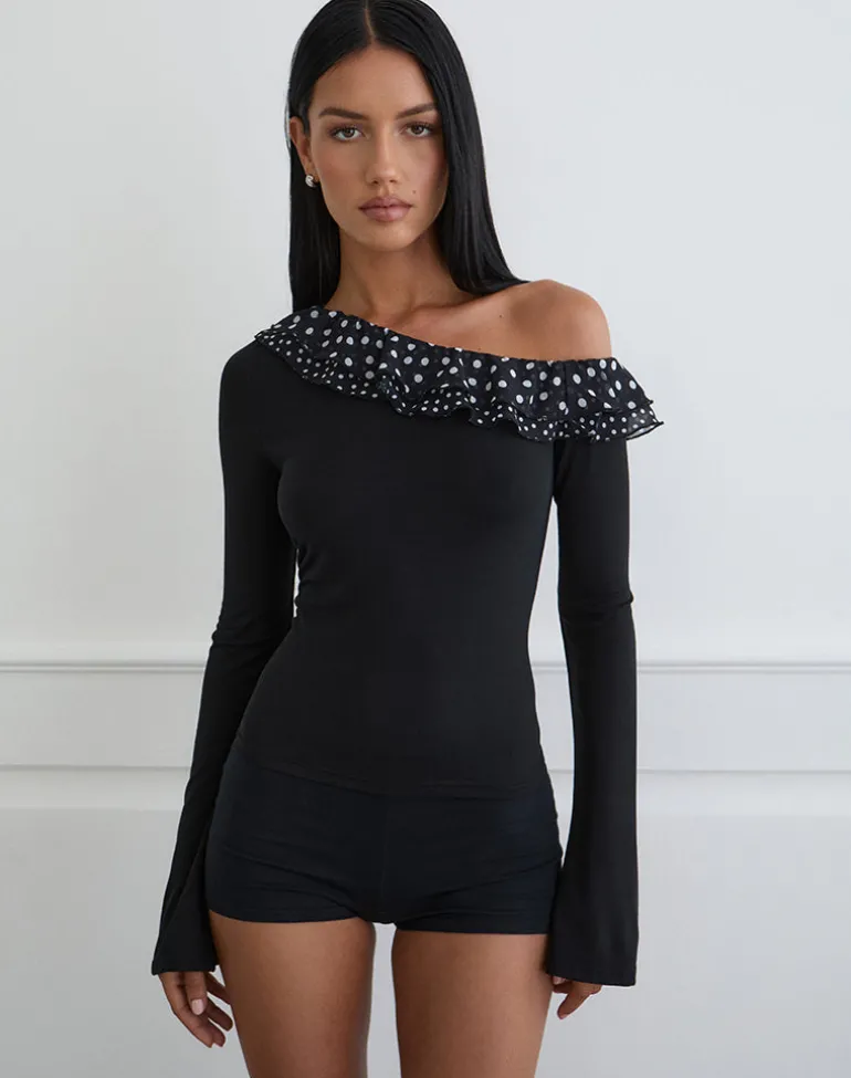 Sariya Long Sleeve Top in Cupro Black with Tiny Polka Ruffles