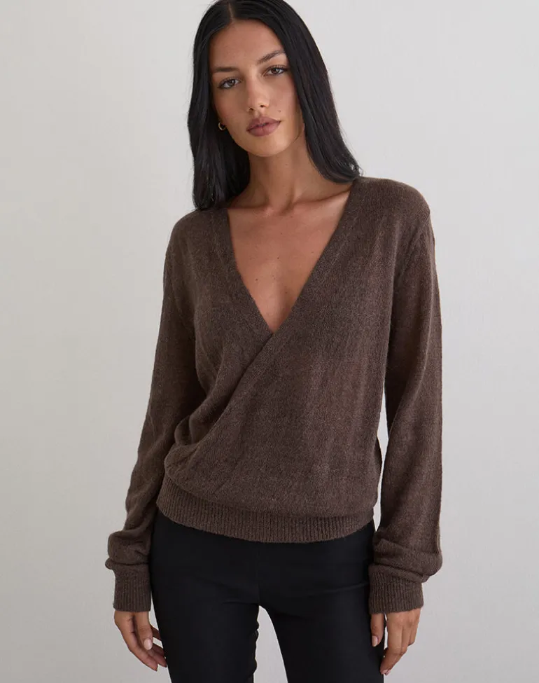 Saroya Plunge Wrap Top in Knit Dark Chocolate