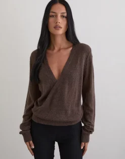 Saroya Plunge Wrap Top in Knit Dark Chocolate