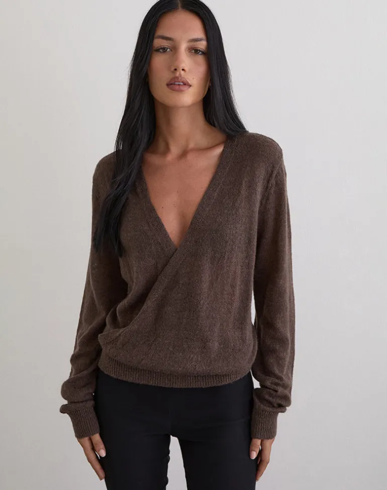 Saroya Plunge Wrap Top in Knit Dark Chocolate