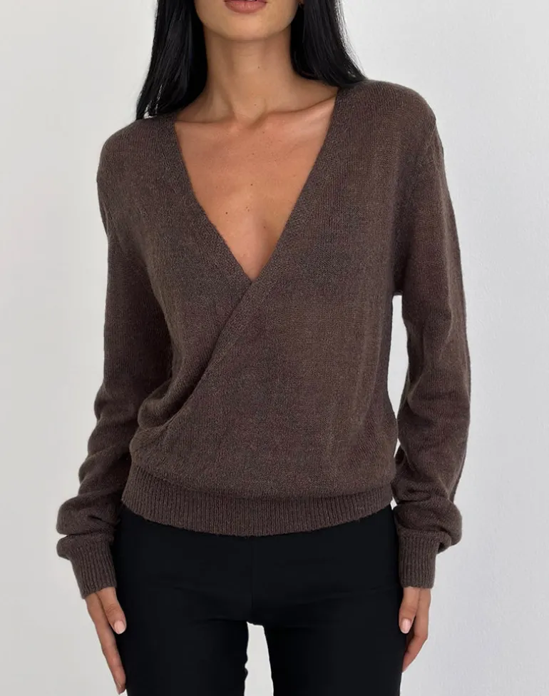 Saroya Plunge Wrap Top in Knit Dark Chocolate