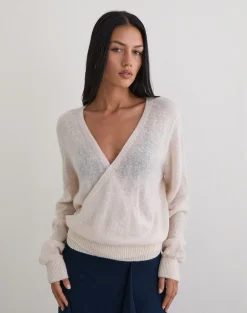 Saroya Plunge Wrap Top in Knit Ecru