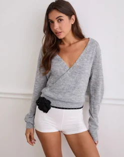 Saroya Plunge Wrap Top in Knit Grey