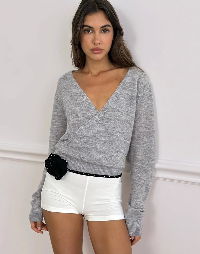Saroya Plunge Wrap Top in Knit Grey