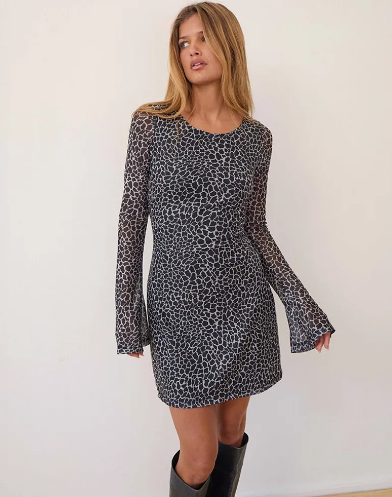 Sartika A Line Mini Dress in Giraffe Black and Cream