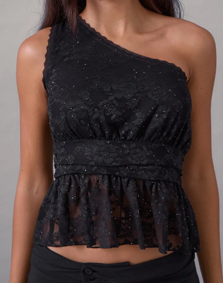 Sayong One Shoulder Top in Floral Lace Black