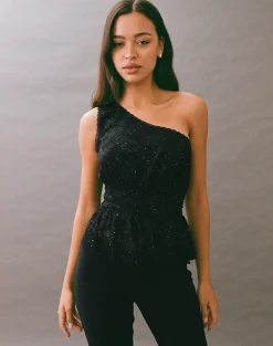 Sayong One Shoulder Top in Floral Lace Black